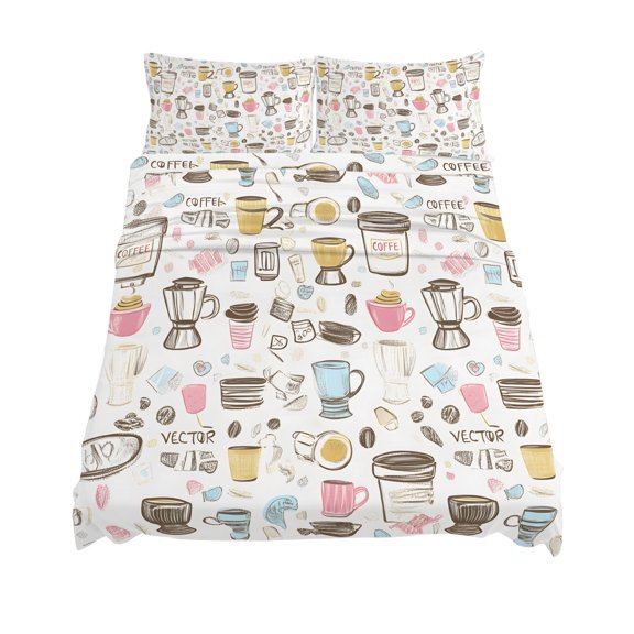 Queen Size Coffee Sheet Sets Cartoon Modern Hand Painted Soft Breathable Microfiber Bed Sheets Deep Pockets 4 Piece Bed Sheets Set, 1 Fitted Sheet, 1 Flat Sheet & 2 Pillowcases