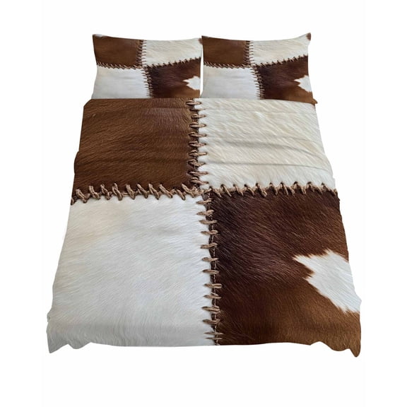 Queen Size Collage Cowhide Sheet Sets Abstract Brown Seam Cow Leather Soft Breathable Microfiber Bed Sheets Deep Pockets 4 Piece Bed Sheets Set, 1 Fitted Sheet, 1 Flat Sheet & 2 Pillowcases