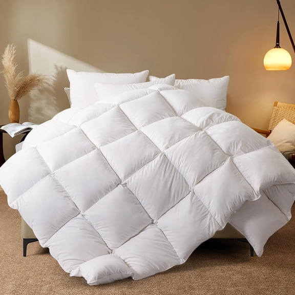 Queen Size Comforter  Filled With And Down Fiber White All Season Duvet Insert - Luxurious Hotel Bed Cotton Cover Medium Warmth Corner Tabs 90x90