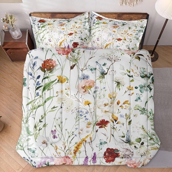 Queen Size Comforter Set with 2 Pillowcases, Wildflower Flower Floral 3 Pcs Bedding for Kids and Adults, Boho Watercolor Butterfly Soft Comforter Set for Bedroom Bed Decor