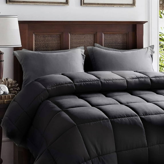 Queen Size Comforter Set - 7 Pieces, Bed in a Bag Bedding Sets with All Season Soft Quilted Warm Fluffy Reversible Comforter,Flat Sheet,Fitted Sheet,2 Pillow Shams,2 Pillowcases Black