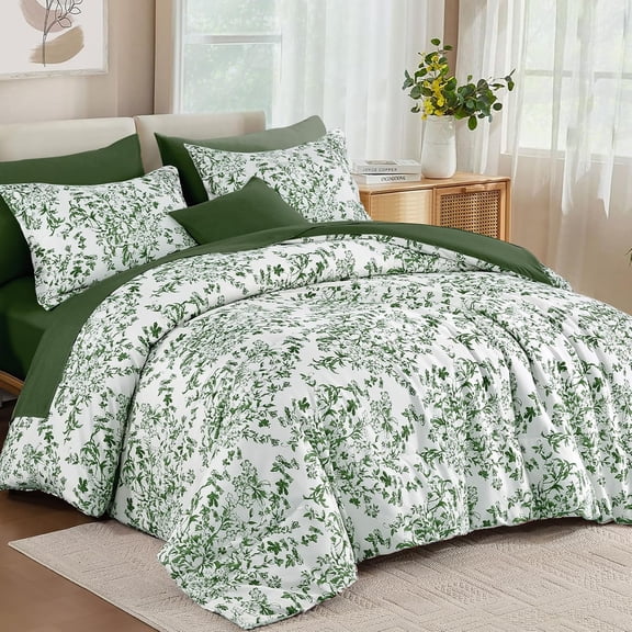 Queen Size Comforter Set, 8 Pieces Green Floral Bed in a Bag Comferter Sets, Botanical Print Soft Fluffy Microfiber Complete Bedding Sets for All Season (90"x90")