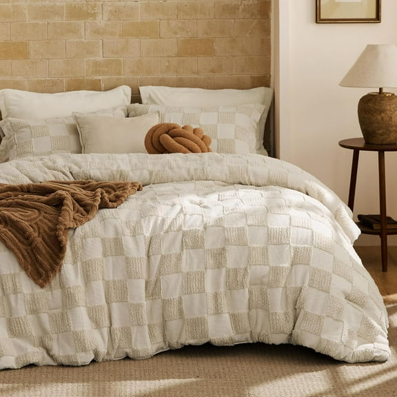 Queen Size Comforter Set Beige, Boho Tufted Bed Set, Checkered Farmhouse Shabby Chic Bedding, 3 Pieces, 1 Plaid Geometric Comforter and 2 Pillow Shams