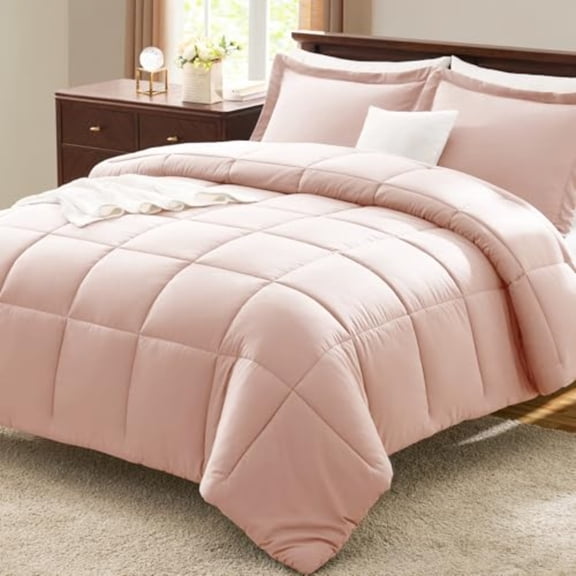 Queen Size Comforter Set - Blush Pink Comforter Queen Size 3 Pieces Box Stitched Bed Set for All Seasons Soft Lightweight Bedding Sets with 1 Down Alternative Comforter and 2 Pillow Shams