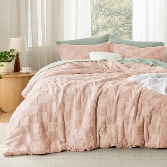 Queen Size Comforter Set Dusty Rose Boho Tufted Bed Set Checkered Farmhouse Shabby Chic Bedding 3 Pieces 1 Plaid Geometric Comforter and 2 Pillow Shams