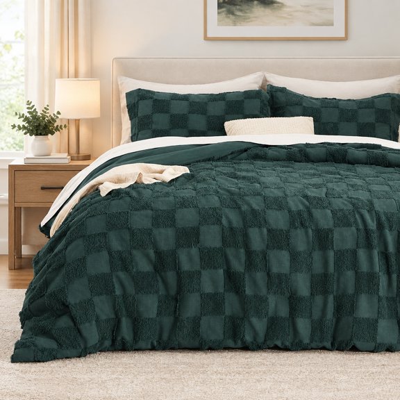 Queen Size Comforter Set Emerald Boho Tufted Bed Cover Checkered Farmhouse Distressed Vintage Bedding 3-Piece Plaid Geometric Comforter with 2 Pillow Shams