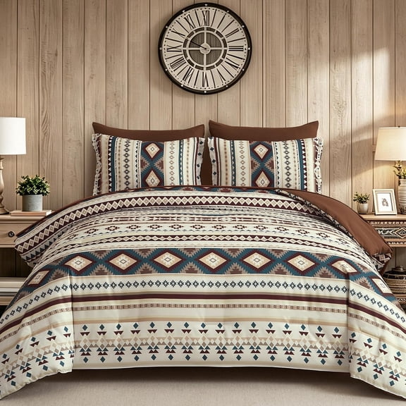Queen Size Comforter Set Light Brown, 7 Pieces Boho Aztec Bed in a Bag