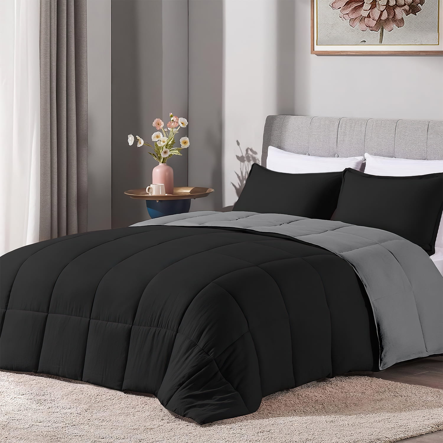 Queen Black and Gray Microfiber Down Alternative Comforter Set