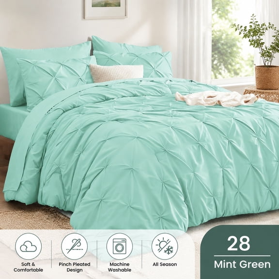 Queen Size Comforter Set Mint Green - 7 Piece Bed in a Bag Bedding Set with Pintuck Design, All Season Down Alternative Comforter, Sheets, Pillowcases & Shams