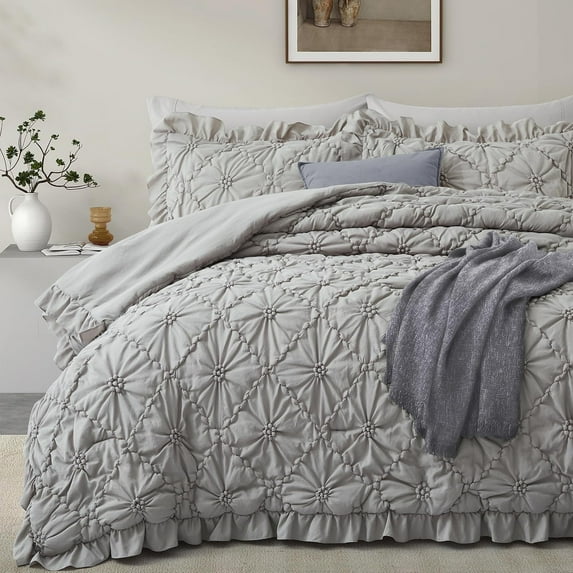Size Comforter Sets,Grey Bedding Comforter Set, 3 count Pinch Pleat Bedding Sets with Comforter and Pillowcases Soft Farmhouse Shabby Chic Comforter for  Season