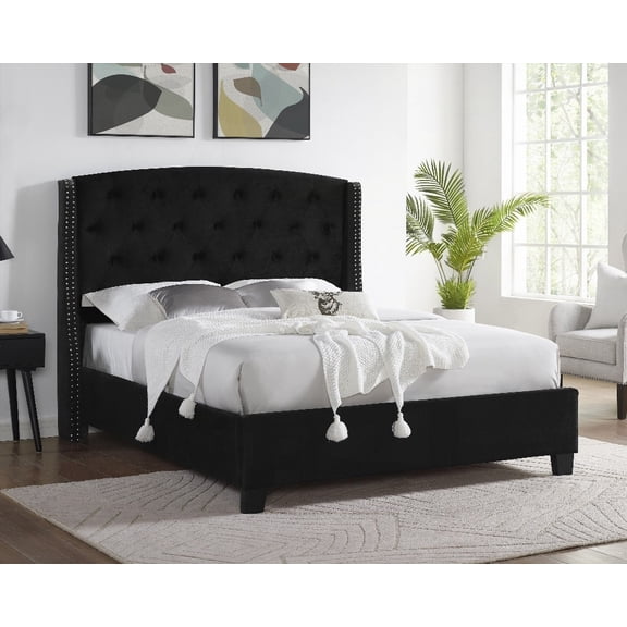 Queen Size Contemporary Upholstered Bed with Button Tufting and Nailhead Accents
