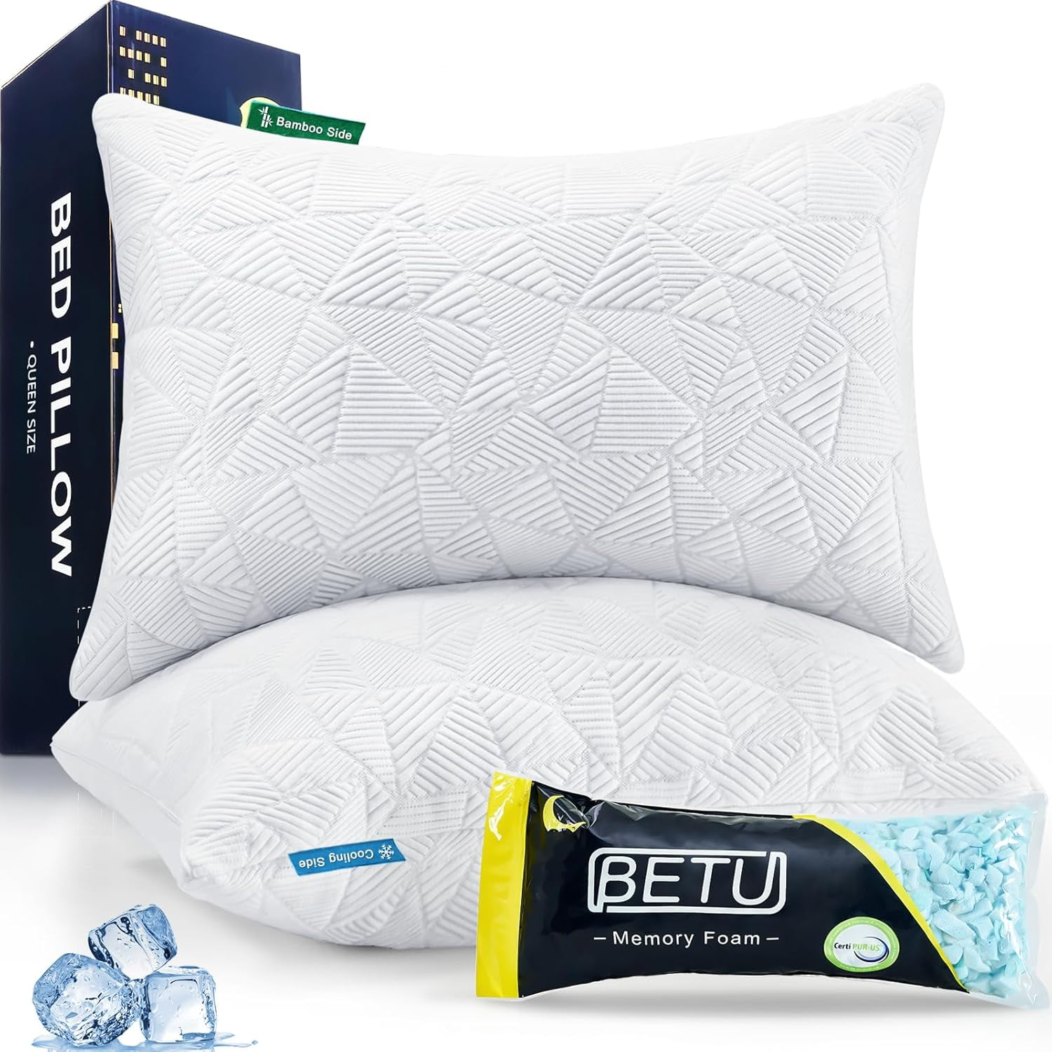 BETU White Cooling Memory Foam Pillow with Adjustable Firmness