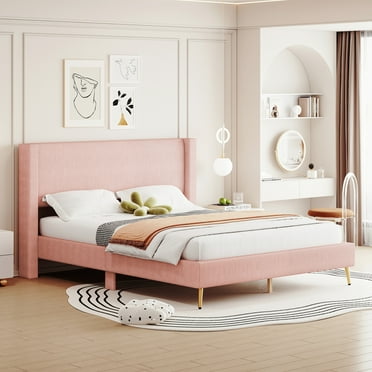 Queen Size Corduroy Platform Bed with Headboard, Elegant Queen Wooden Bed Frame with 6 Metal Legs, Pink