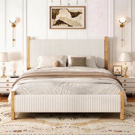 Queen Size Corduroy Upholstered Bed Frame with Vertical Channel Headboard, Noise-Free Platform Bed No Box Spring Needed, Sturdy Structure & Easy Assembly, White
