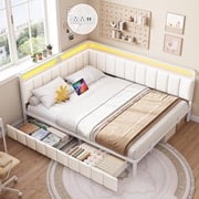 Queen Size Corner Bed Frame with 2 Storage Drawers,Queen Daybed with Charging Station and Led Lights,Metal Platform Corner Bed with Upholstered Guardrail,Modern Bed Frame,Beige