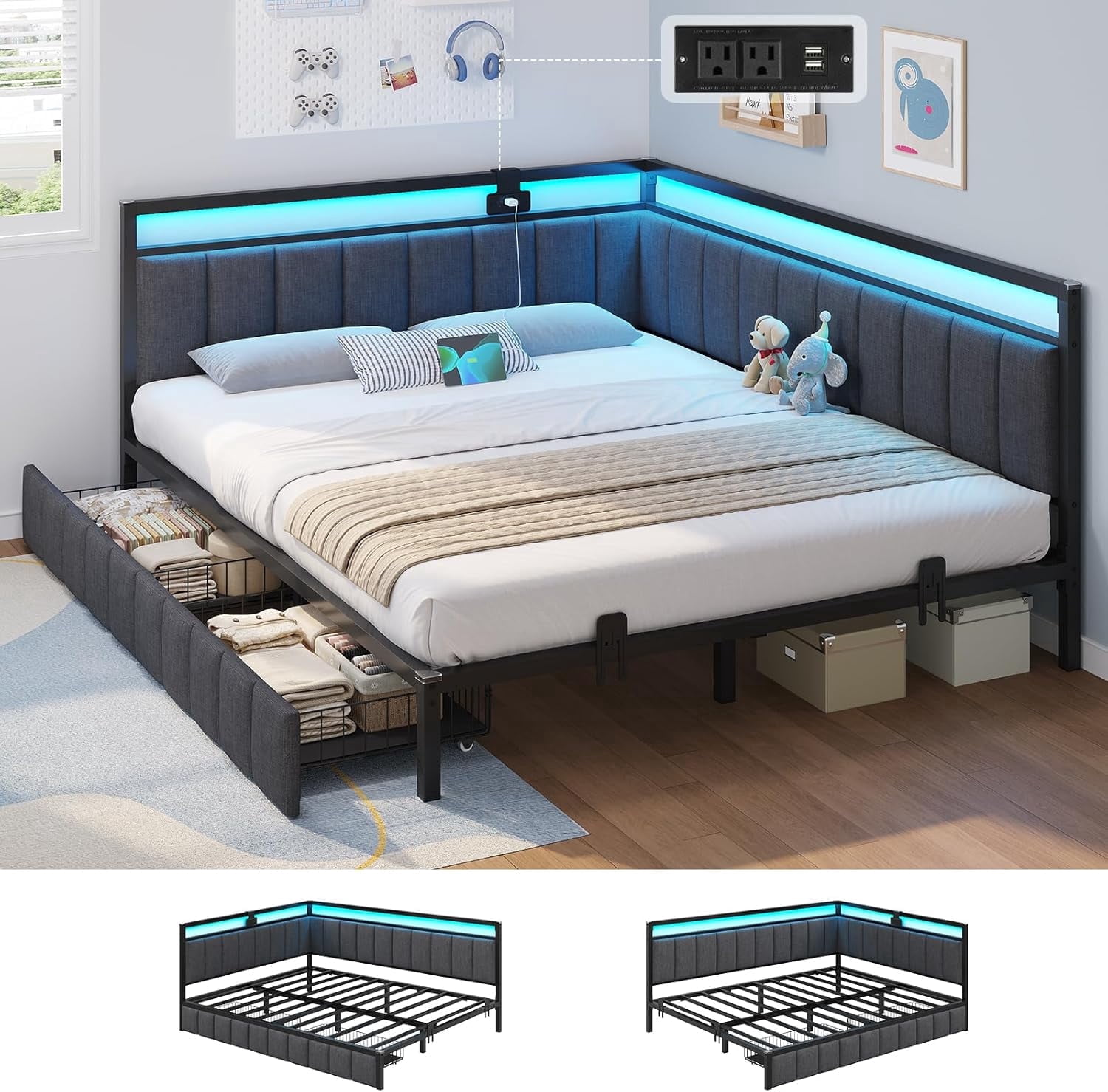 Queen Size Corner Bed Frame with 2 Storage Drawers&Charging Station&LED Lights, Queen Upholstered Platform Bed Frame Daybed for Bedroom, Gray