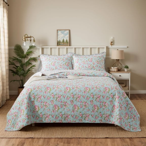 Queen Size Cottagecore Bedding Quilted Comforter Sets Cotton Floral Quilt Set 3-Piece Reversible Romantic Bedspreads