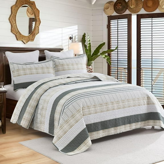 Queen Size Cotton Quilt Set - Beige Grey Striped Plaid Comforter with Pillow Shams (90x98 Inches, 3 Piece)