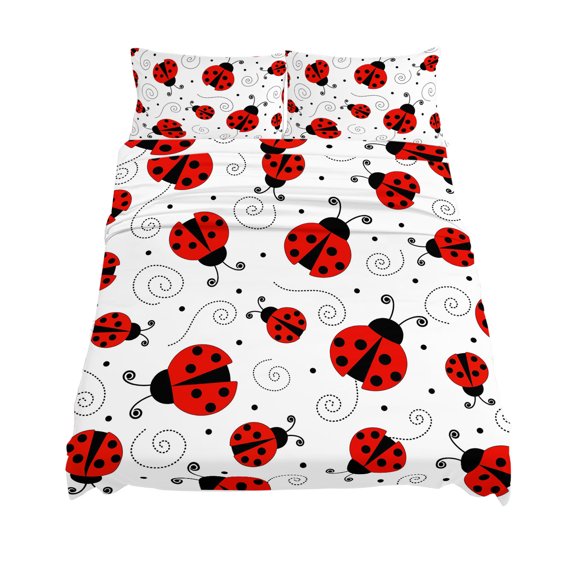 Queen Size Country Ladybug Sheet Sets Farmhouse Classic Retro Texture Soft Breathable Microfiber Bed Sheets Deep Pockets 4 Piece Bed Sheets Set, 1 Fitted Sheet, 1 Flat Sheet & 2 Pillowcases