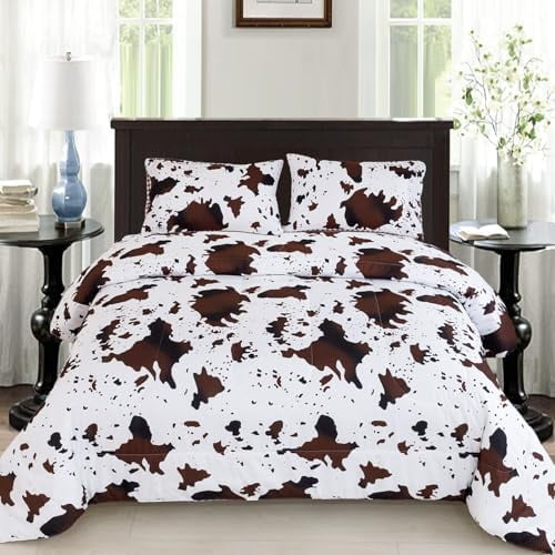 Queen Size Cow Print Bedding Comforter Set, Brown White Cowhide Western Comforter Sets, Geometric Checkered Reversible Cowboy Quilt Set (Brown White, Queen)