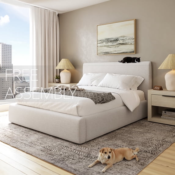 Queen Size Cream Bed Frame with 48'' Tall Upholstered Headboard, Quena Heavy Duty Platform in Soft Fabric, Low Profile, Free Assembly - Modern Style, Boho - Non-Slip, Wood Slats Support