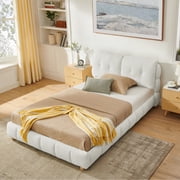 Queen Size Cream Boucl  Fabric Platform Bed, Soft Cloud-Like Upholstered Bed Frame with Solid Wood Legs, No Box Spring Required for Bedroom,Beige