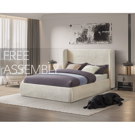 Queen Size Cream Platform Bed Frame 46" High Headboard Tall Upholstered Bed