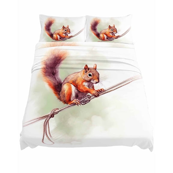 Queen Size Cute Squirrel Sheet Sets Holding Rope Wild Life Soft Breathable Microfiber Bed Sheets Deep Pockets 4 Piece Bed Sheets Set, 1 Fitted Sheet, 1 Flat Sheet & 2 Pillowcases