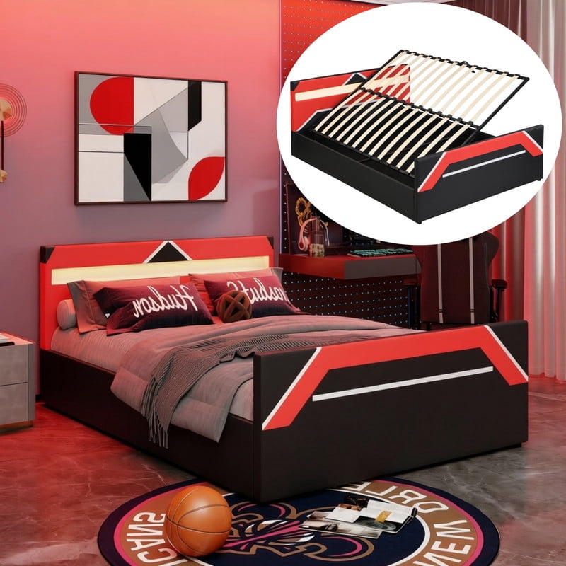 Queen Size Cyberpunk Style Low Profile Bed with LED Lighting Headboard, Hydraulic Storage Platform Bed Frame for Kids/Teens/Adults