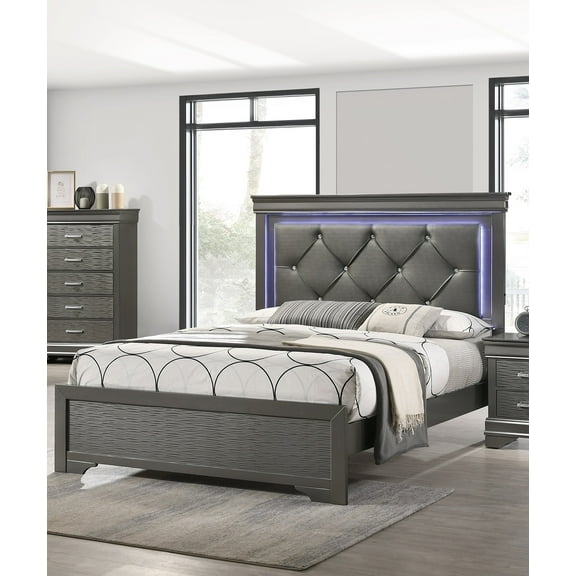 Queen Size Dark Gray Faux Leather Tufted LED Bed Frame | Modern Style Solid Wood | Unique Textured Footboard | Built-in Ambient Lighting for Bedroom