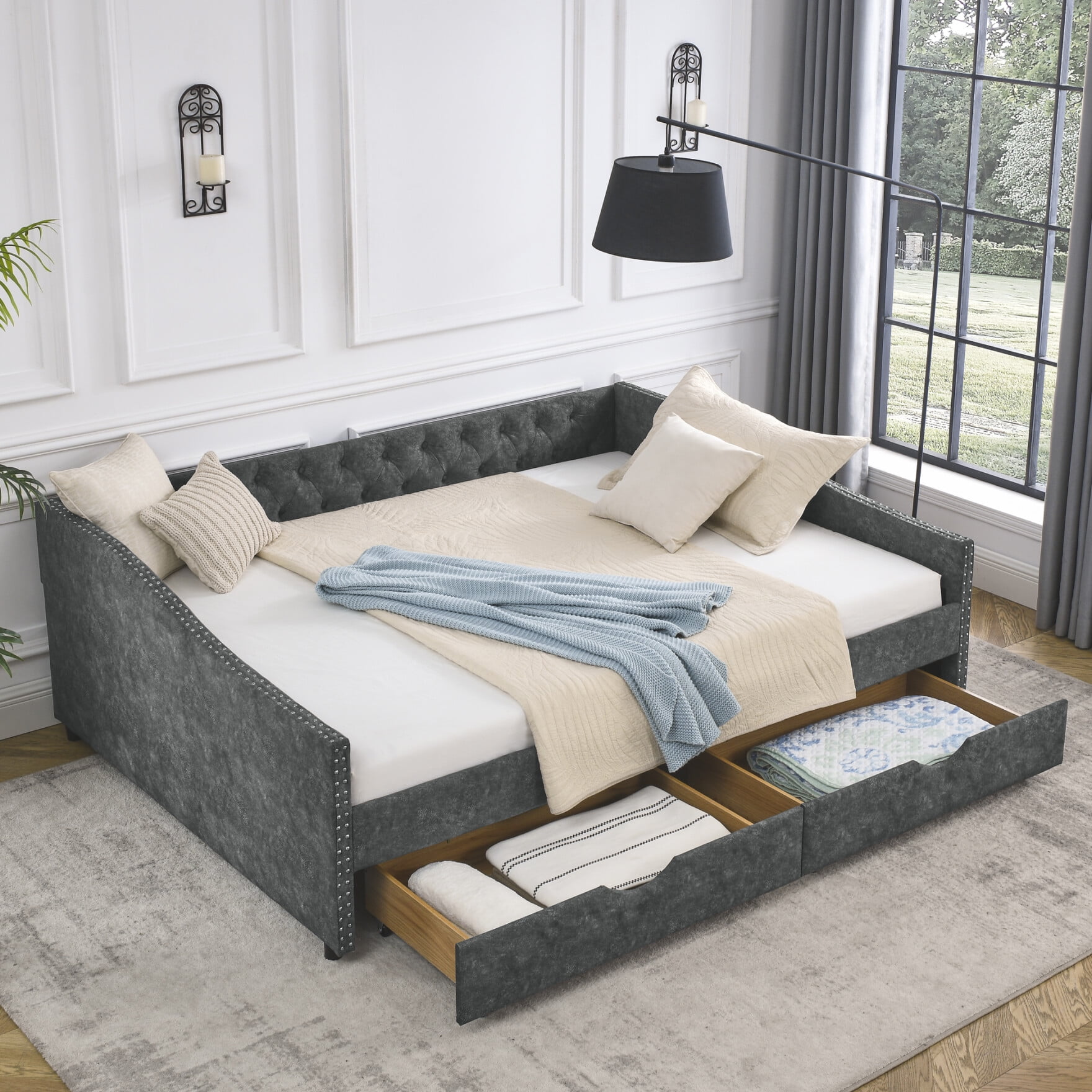 Queen Size Daybed with 2 Storage Drawers, Modern Wood Sofa Bed Frame with Headboard and Waved