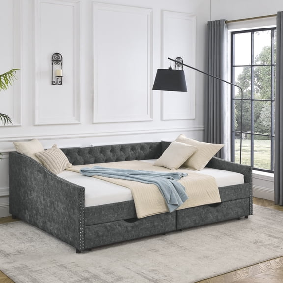 Queen Size Daybed with Drawers, Upholstered Tufted Sofa Bed, Button-Tufted Back, Copper Nails on Waved Arms, Multi-Functional, for Living Room, Bedroom, Guest Room, Compact Spaces, Grey