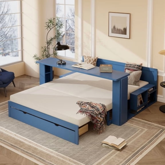 Queen Size Daybed, Multifunctional Sofa Bed with Removable Desk, Storage Drawers and Hydraulic Side Table, Space Saving Furniture for Small Apartment, Guest Room or Home Office, Blue