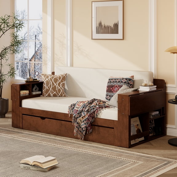 Queen Size Daybed with Removable Desk, Wood Bed Frame with Storage Drawers, 4-in-1 Multifunctional Bed Frame with Side Table for Bedroom Apartment, Espresso