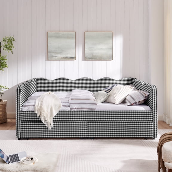 Queen Size Daybed with Storage Drawers and USB Port, Upholstered Linen Sofa Bed Frame with Wave Design, Modern Guest Bed for Bedroom Living Room, Black