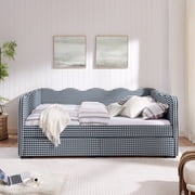 Queen Size Daybed with Storage Drawers and USB Port, Upholstered Linen Sofa Bed Frame with Wave Design, Modern Guest Bed for Bedroom Living Room, Navy Blue