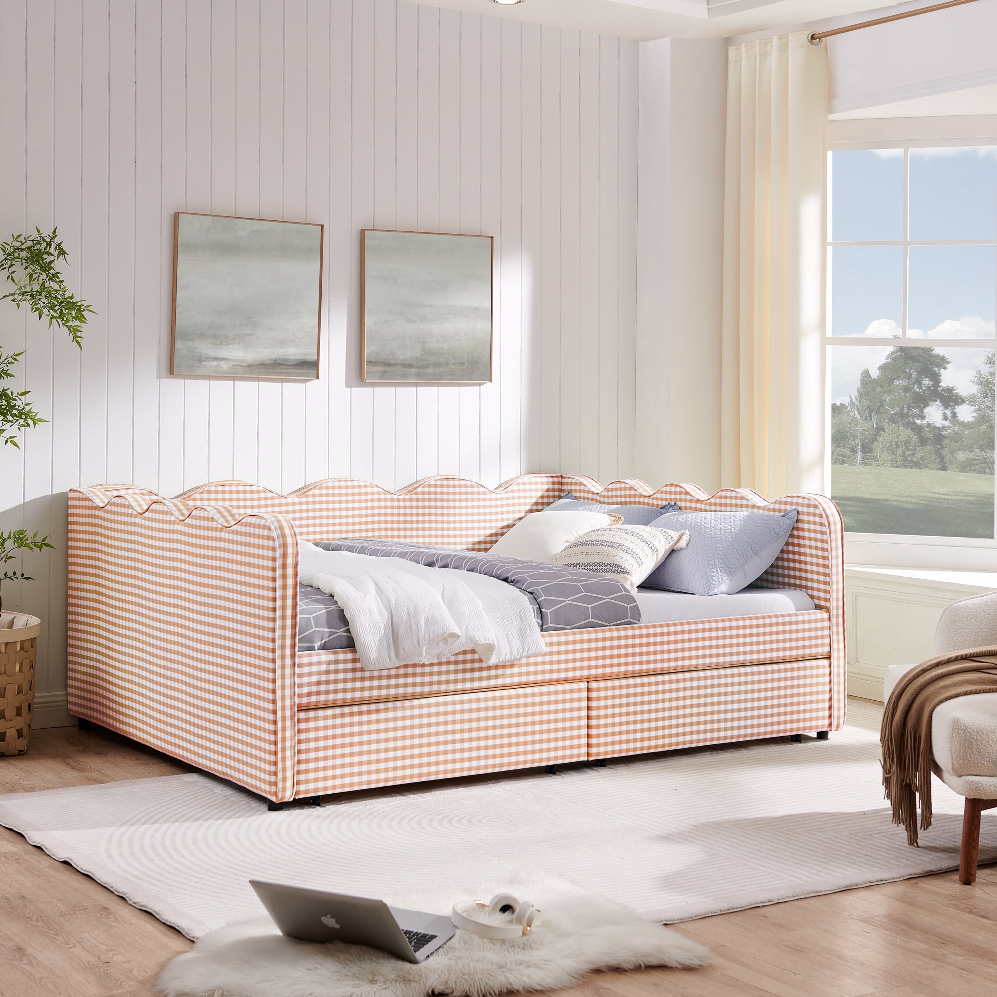 Queen Size Daybed with Storage Drawers and USB Port, Upholstered Linen Sofa Bed Frame with Wave Design, Modern Guest Bed for Bedroom Living Room, Pink
