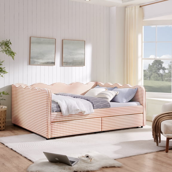 Queen Size Daybed with Storage Drawers and USB Port, Upholstered Linen Sofa Bed Frame with Wave Design, Modern Guest Bed for Bedroom Living Room, Pink