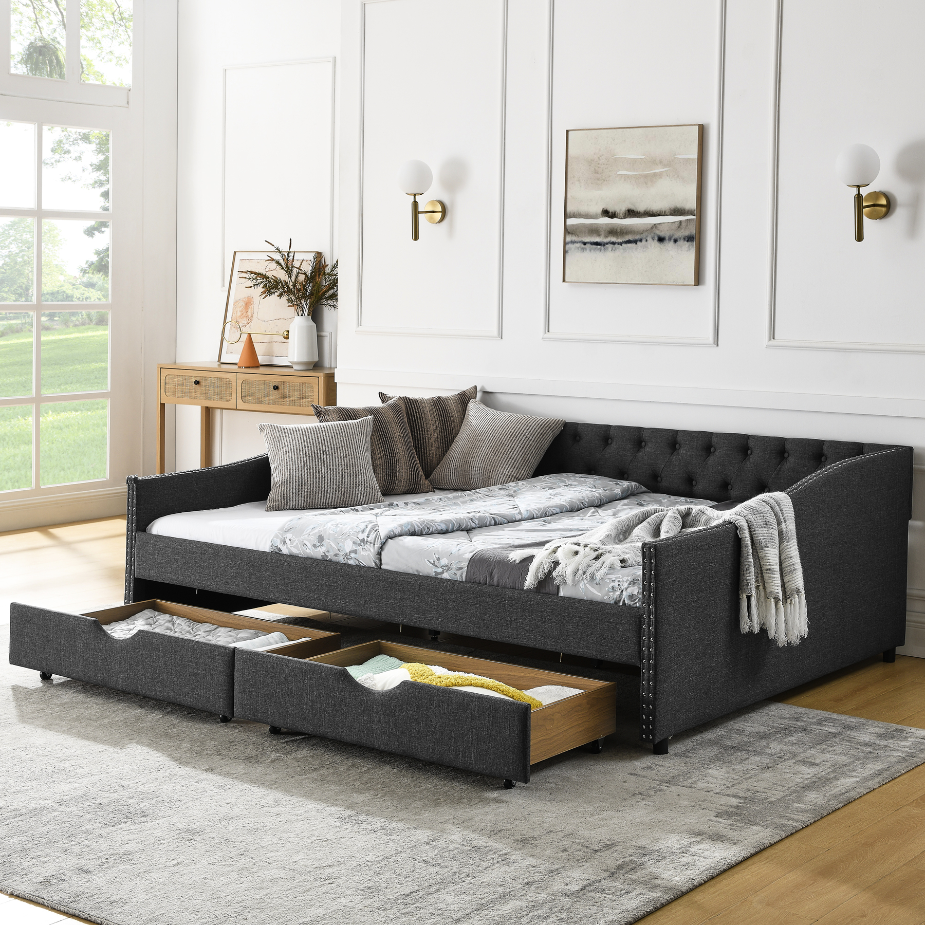 Queen Size Daybed With Drawers And Back, Ergonomic Design Functional ...