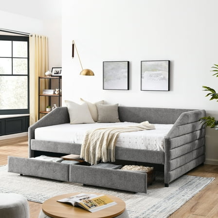 Queen Size Daybed With Two Drawers Trundle, Upholstered In Grey Linen Fashion And Valor