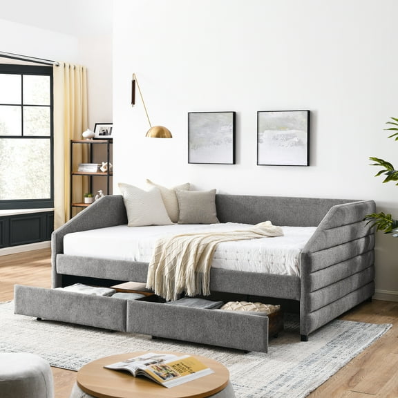 Queen Size Daybed With Two Drawers Trundle, Upholstered In Grey Linen Fashion And Valor