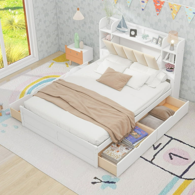 Queen Size Storage Platform Bed 4 Drawers Concise Design Wood Slat Support with Upholstered Headboard and Multi Shelves White