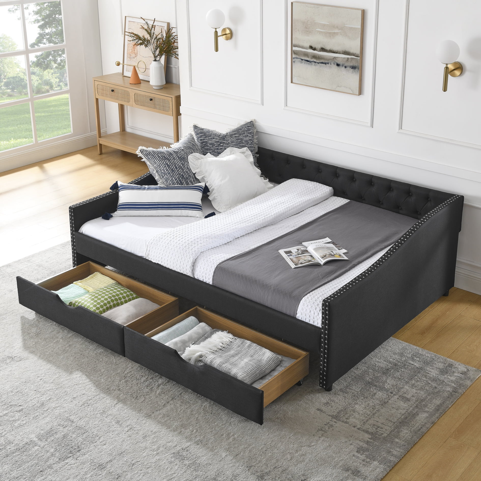 Queen Size Daybed with 2 Storage Drawers Upholstered Bed Frame for Bedroom Guest Room Lounge Room Black Walmart