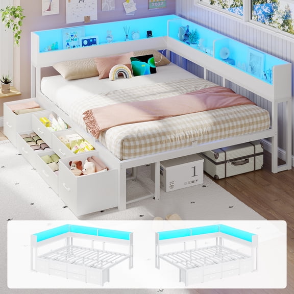 Queen Size Daybed with Bookcase Storage, Corner Bed Frame with 6 Drawers, Charging Station and LED Light, White