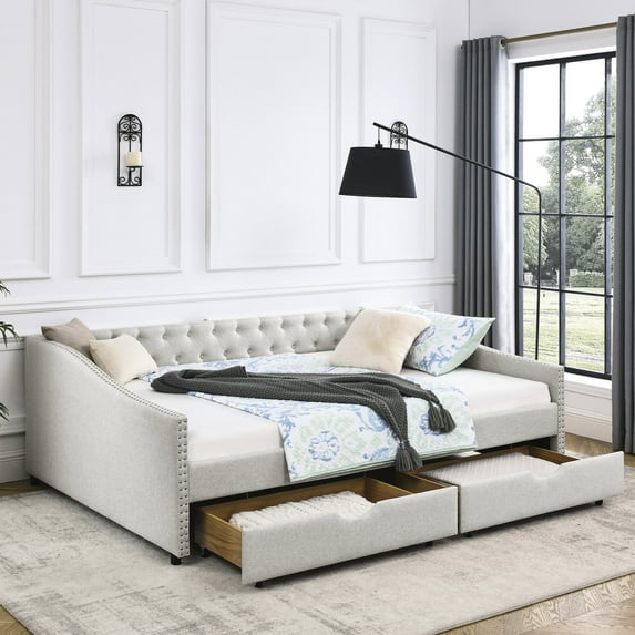 Queen Size Daybed with Drawers, Waved Arms & Foam - padded Back / Comfortable Back Support, Storage & Beige Color