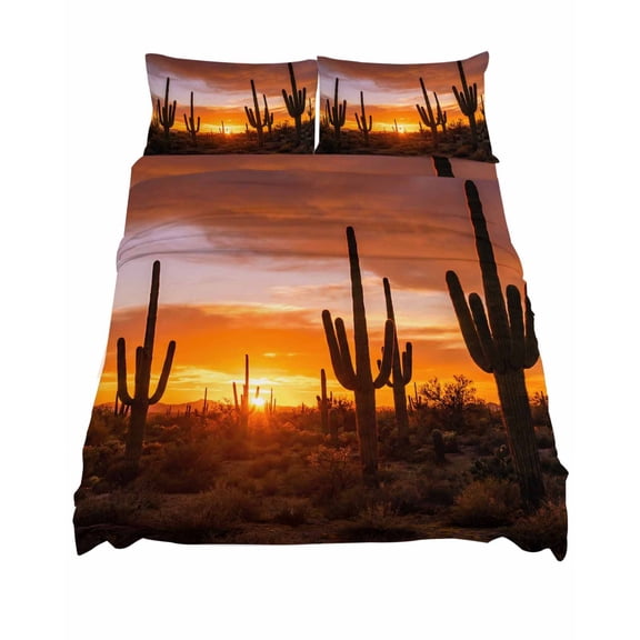 Queen Size Desert Cactus Sheet Sets Sunset Plant Nature Landscape Modern Soft Breathable Microfiber Bed Sheets Deep Pockets 4 Piece Bed Sheets Set, 1 Fitted Sheet, 1 Flat Sheet & 2 Pillowcases