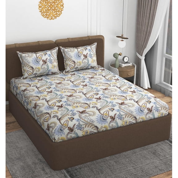 Queen Size Double Bedsheets With 2 Pillow Cover - Size 60 X 78 X 10 Inches, Cream | All Around Elastic Fitted - Lightweight, Soft & Comfortable