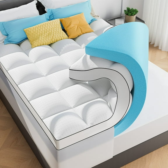 Queen Size Dual Layer 4 Inch Memory Foam Mattress Topper, 2 Inch Gel Memory Foam and 2 Inch Cooling Pillow Top Mattress Pad Cover for Back Pain, Medium Support