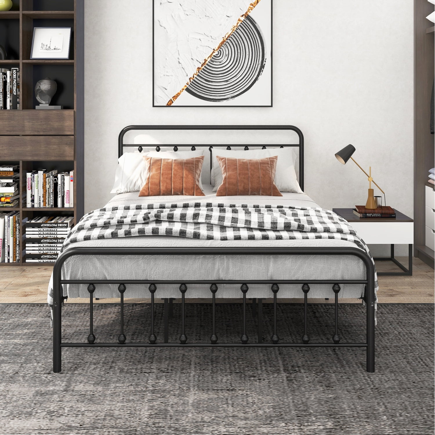 Queen Size Durable Metal Platform Bed Frame with Vintage Headboard & Storage Space Noise-Free Design for Bedroom & Home Office (Black)