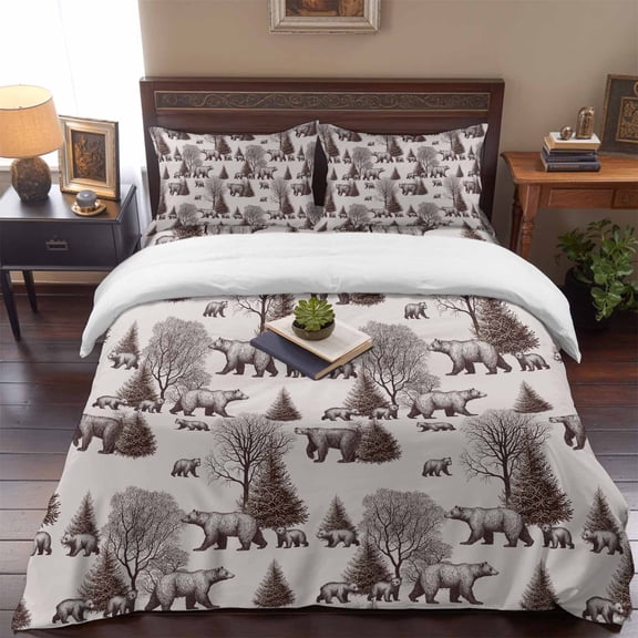 Queen Size Duvet Cover 4 Piece Bedding Set Abstract Forest Animals Bear Tree Bed Sheet Sets Soft Microfiber Comforter Cover with Flat Sheet 2 Pillow Shams